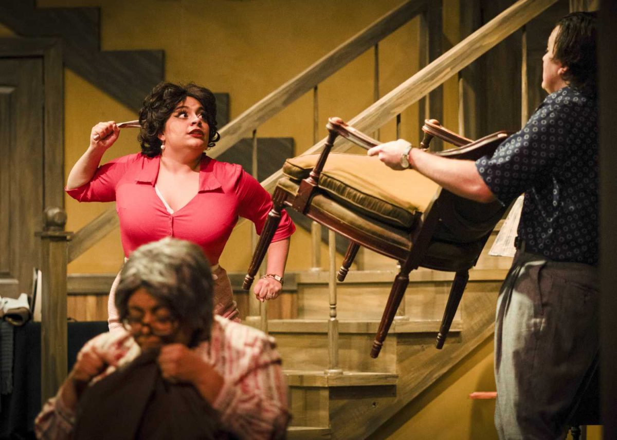 Micah Wolfe as Charlotte Hay reacts after finding out George Hay, played by Samuel Black, cheated on her in Moon over Buffalo at McCreless Theater Feb. 11. Photo by Daz Ramirez.