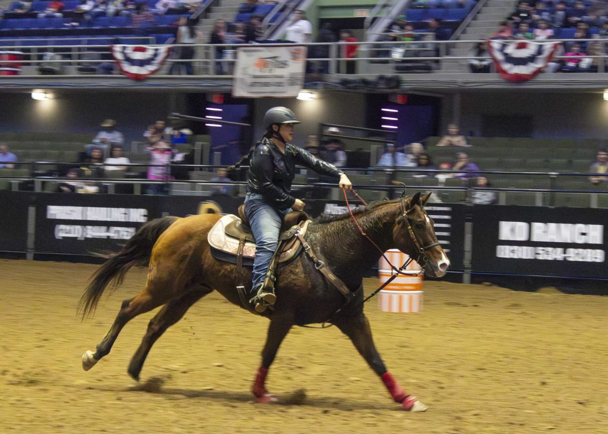 A barrel racer competes at the San Antonio Stock Show and Rodeo Feb 12. Photo by Catie Broadus.