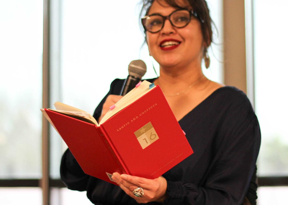Local author Laurie Ann Guerrero reads from a collection of her poems during a Writers Showcase organized by SAC’s Writing and Thinking Institute at the Nursing and Allied Health Complex March 19. Photo by Samara Penny.