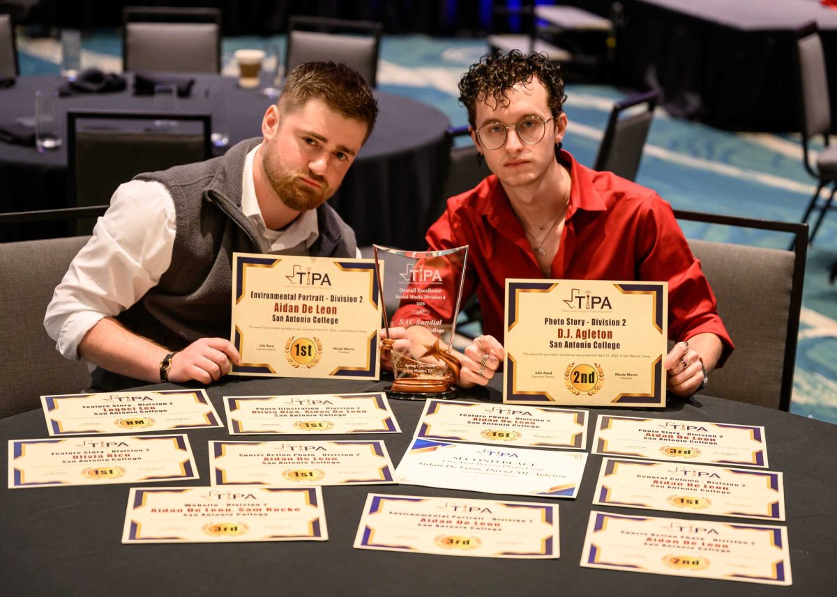 Sundial editors A. De Leon, left, and D.J. Agleton, right, represented San Antonio College at the Texas Intercollegiate Press Association convention. Photo courtesy of Ethan E. Rocke. 