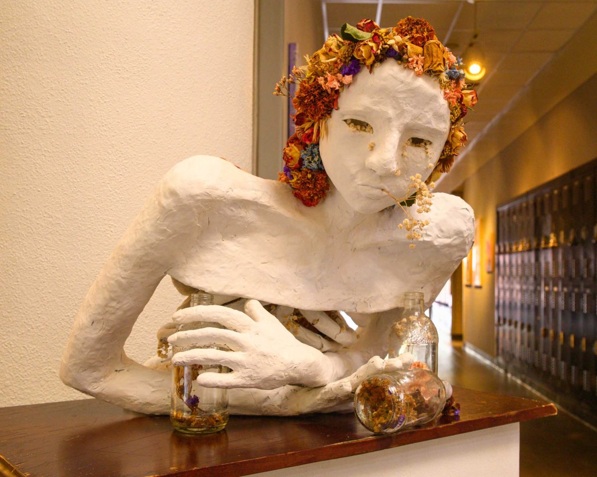 A student's sculpture sits on display during the SAC Arts Exhibit at the Visual Arts Center April 24.