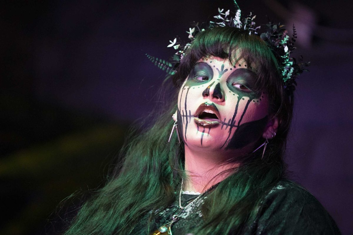 Alicia Hamm portrays Hecete, the Greek goddess of witchcraft and leader of the brujas (Spanish for witches), in SAC’s production of a Narcos-inspired Macbeth. Photo by Janelle Alemán.