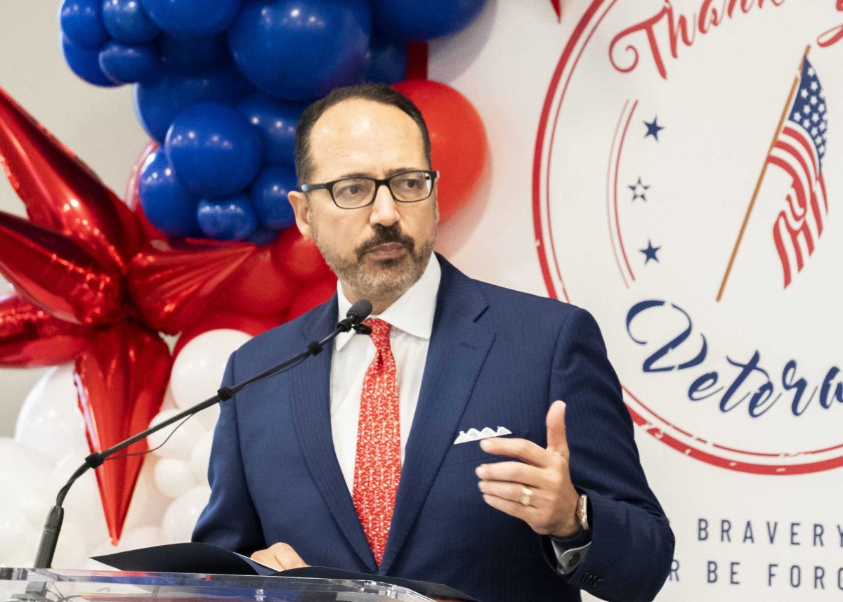 Texas Senator Jose Menendez talks during a Veterans Day Ceremony at the Victory Center Nov 11. Photo by Monica Perez.