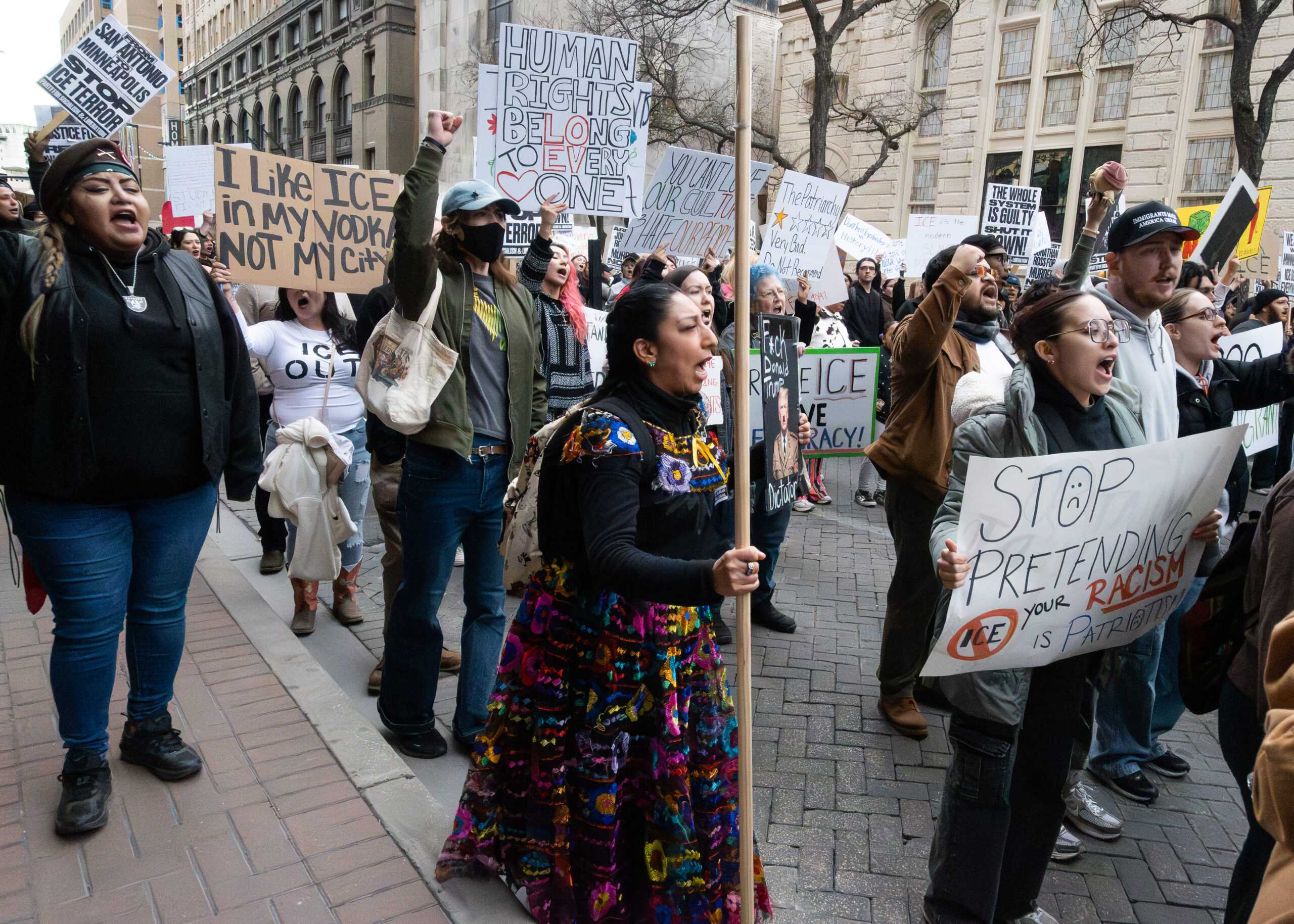 Digital cinema and video production major Michelle McConney at Northwest Vista, chants alongside hundreds Friday. Photo by Aaron Martinez.