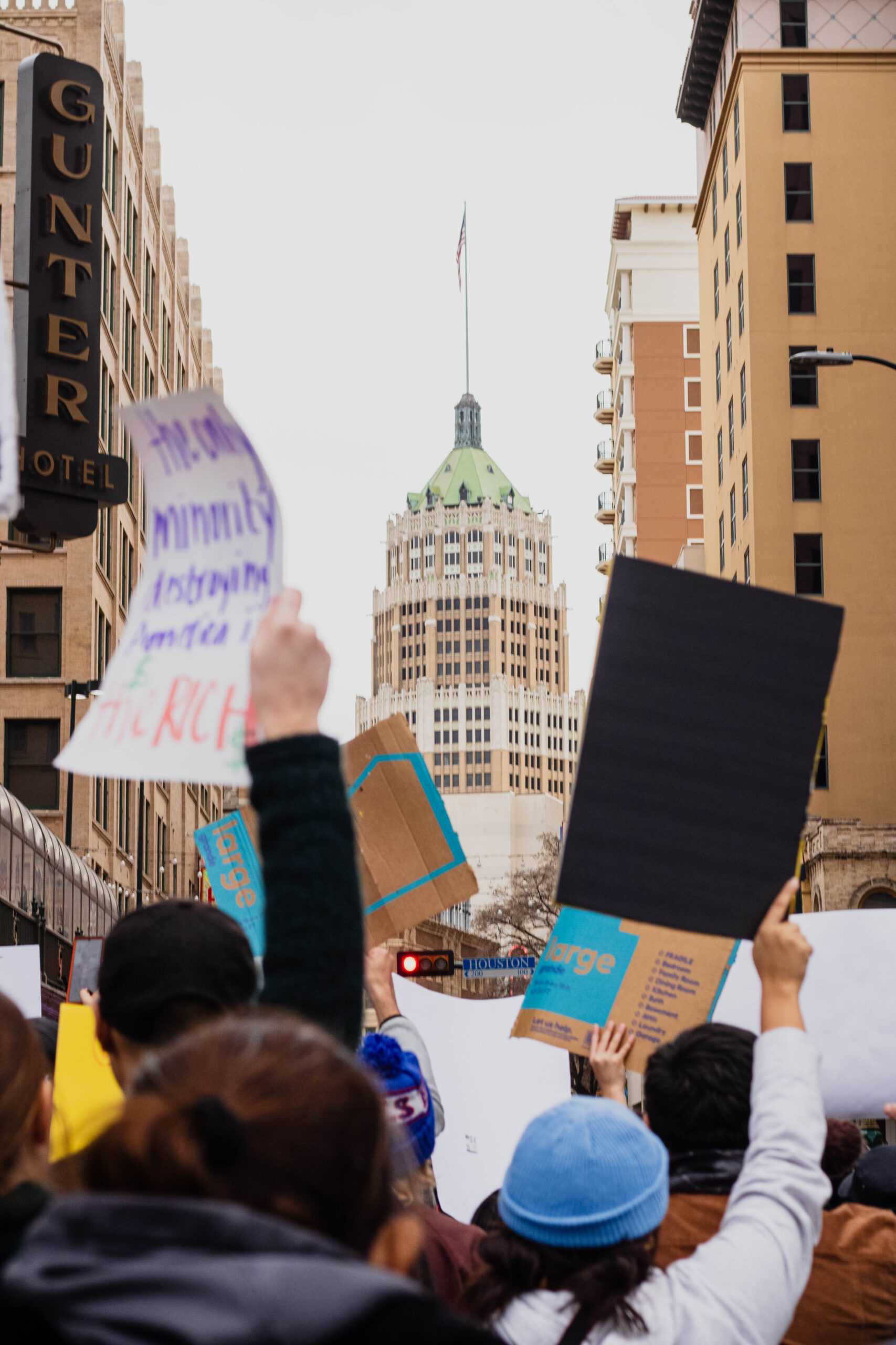 Hundreds of people march along N St. Mary's to protest recent fatal shootings involving federal agents in Minneapolis. Photo by Hailey Vilegas.