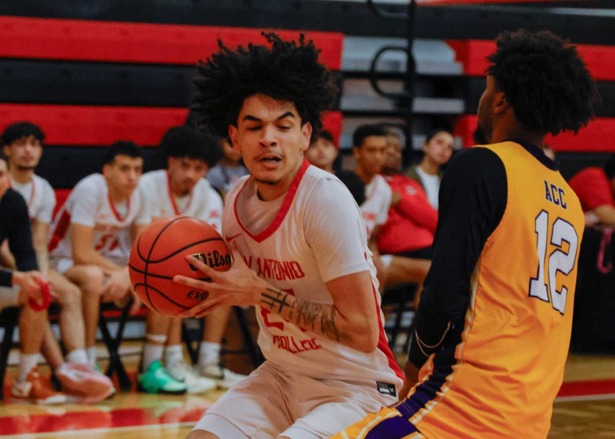 SAC Forward Andrew McAfee controls the ball in the post against Austin Community College Wednesday. Photo by Janelle Aleman.
